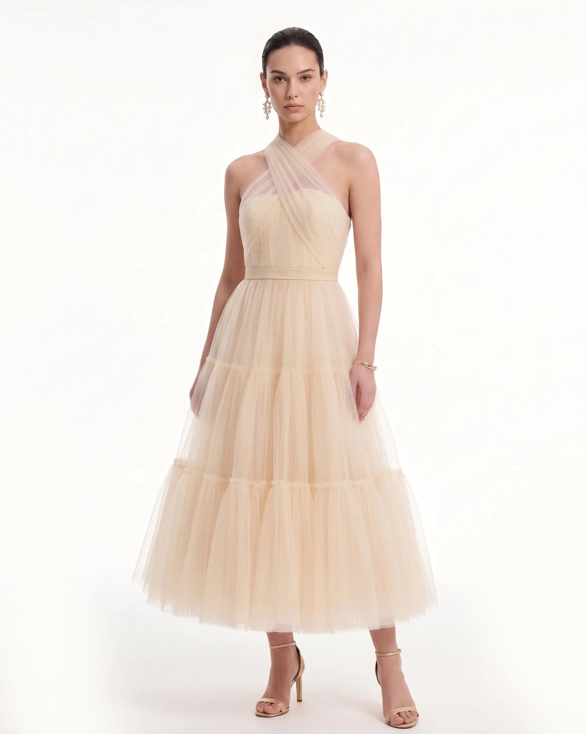 Tulle Cross Halter Tiered Midi Dress - Nude Apricot sold by JW PEI