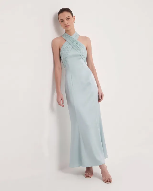 Pleated Cross-Halter Satin Maxi Dress - Dusty Blue made by JW PEI