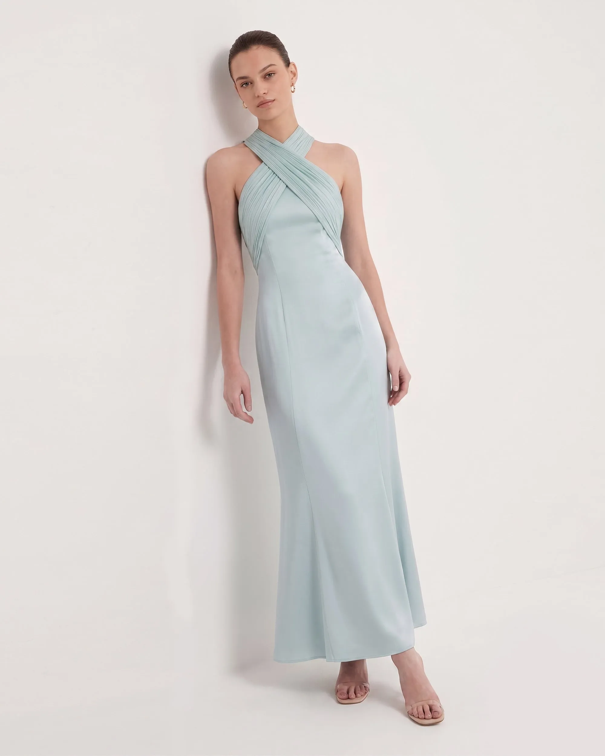 Pleated Cross-Halter Satin Maxi Dress - Dusty Blue sold by JW PEI