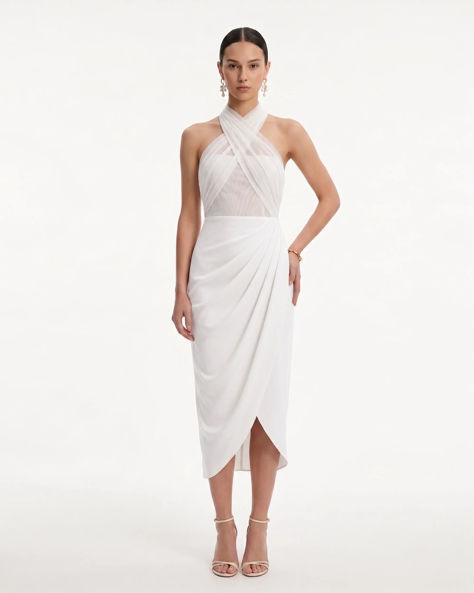 Sheer Cross Halter Draped Midi Dress - Ivory sold by JW PEI