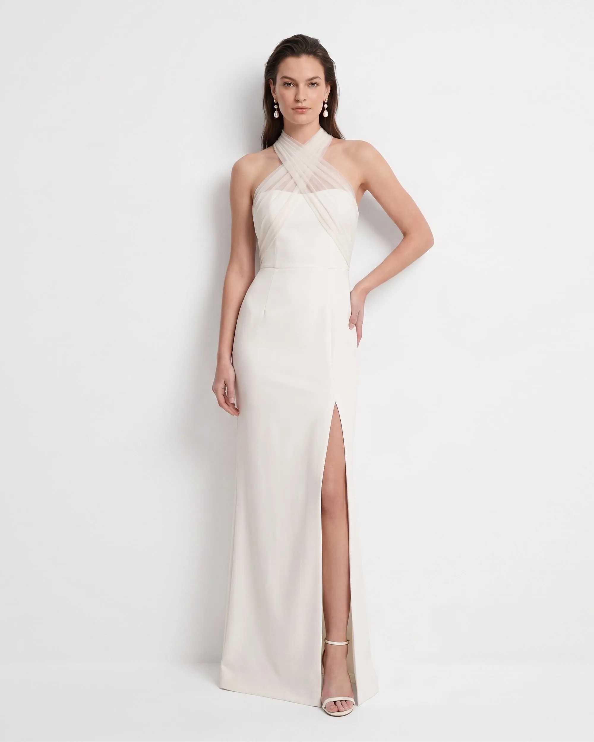 Tulle Cross Halter High Slit Maxi Dress - Ivory sold by JW PEI