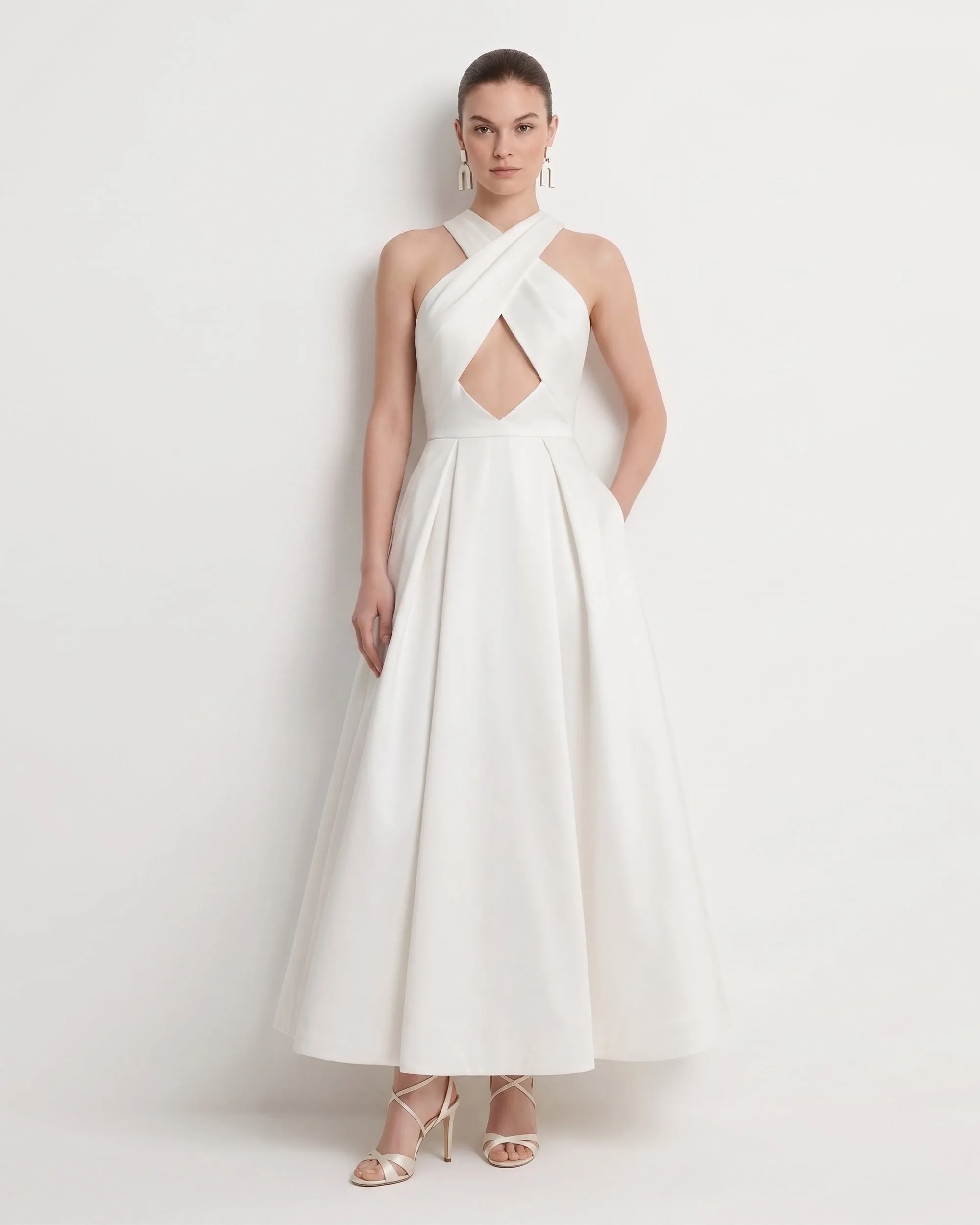 Cross Halter Cut-Out A-Line Midi Dress - Ivory sold by JW PEI