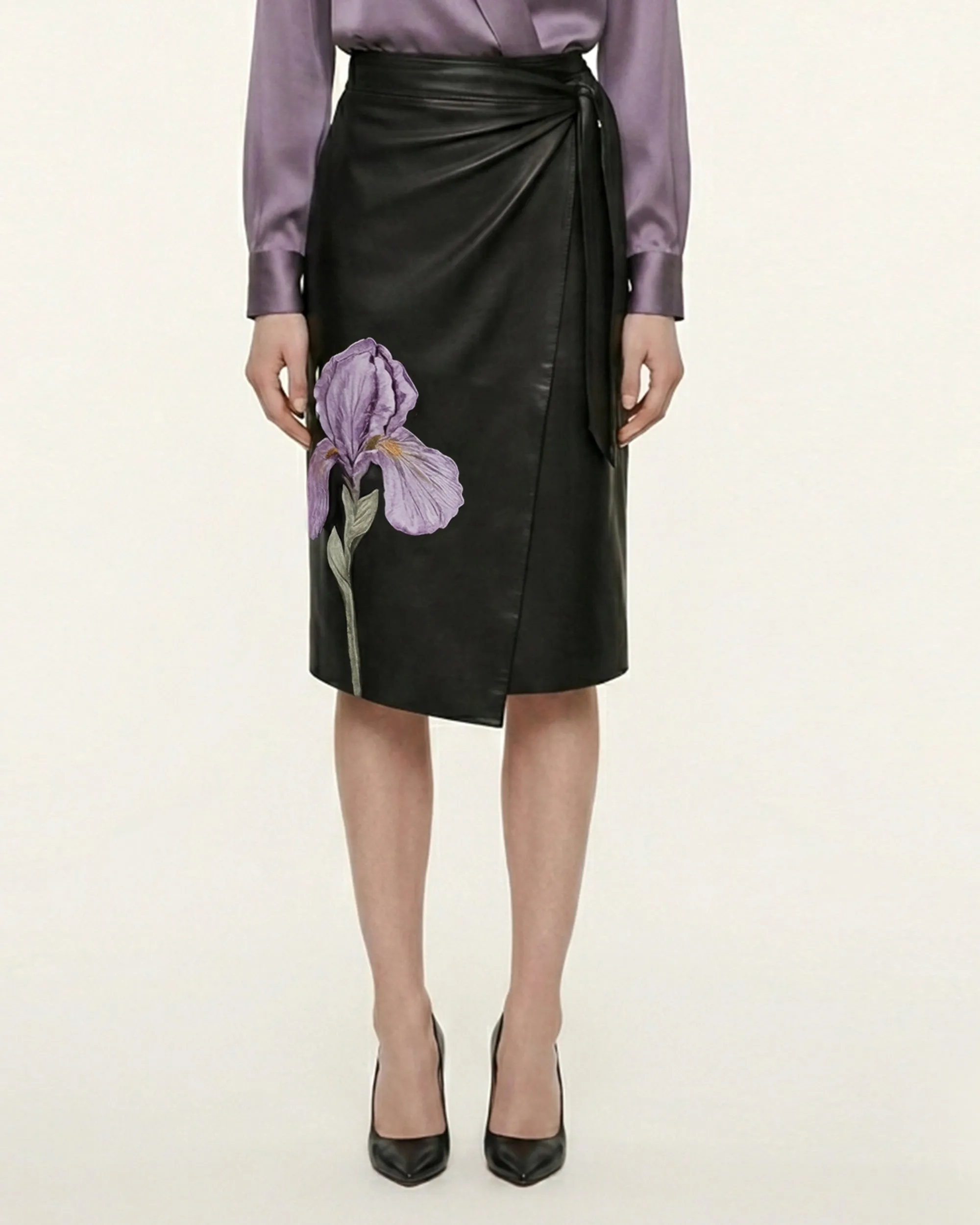 Iris Floral-Print High-Waisted Slit Leather Pencil Midi Skirt - Black sold by JW PEI product image thumbnail 2