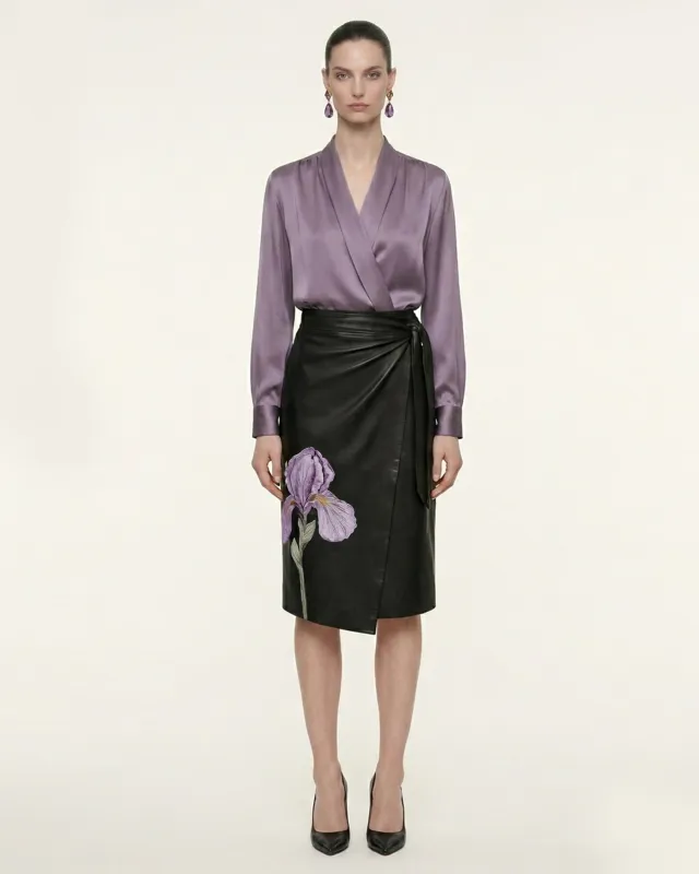 Satin Wrap V Neck Long Sleeve Blouse - Dusty Mauve made by JW PEI