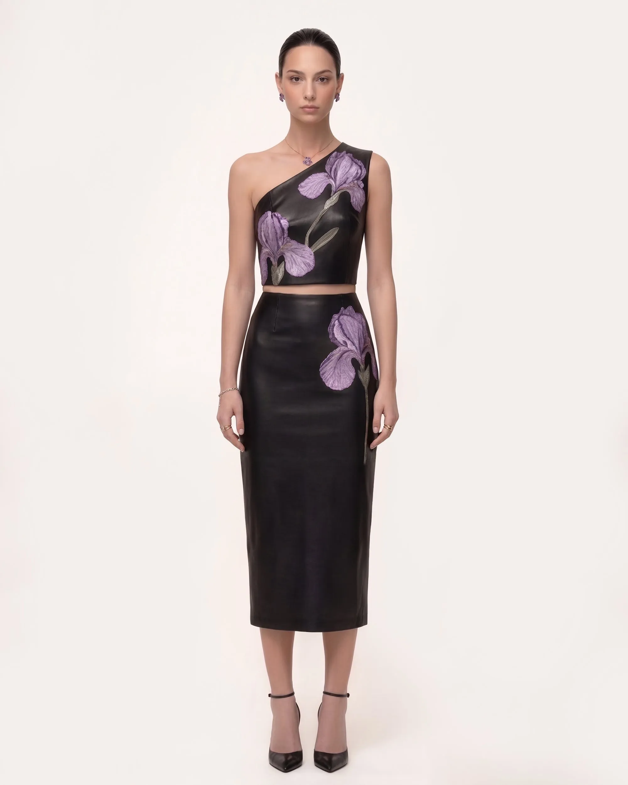 Iris Floral-Print One-Shoulder Leather Crop Top - Black sold by JW PEI