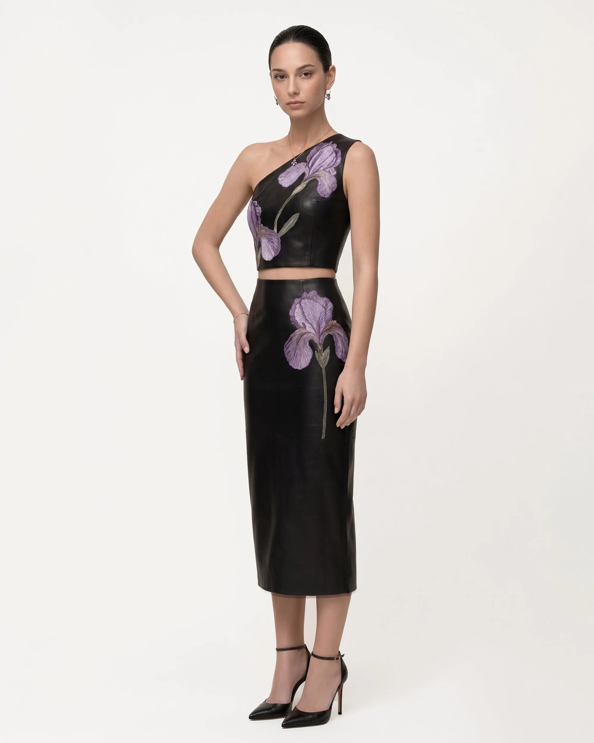 Iris Floral-Print One-Shoulder Leather Crop Top - Black sold by JW PEI product image thumbnail 2
