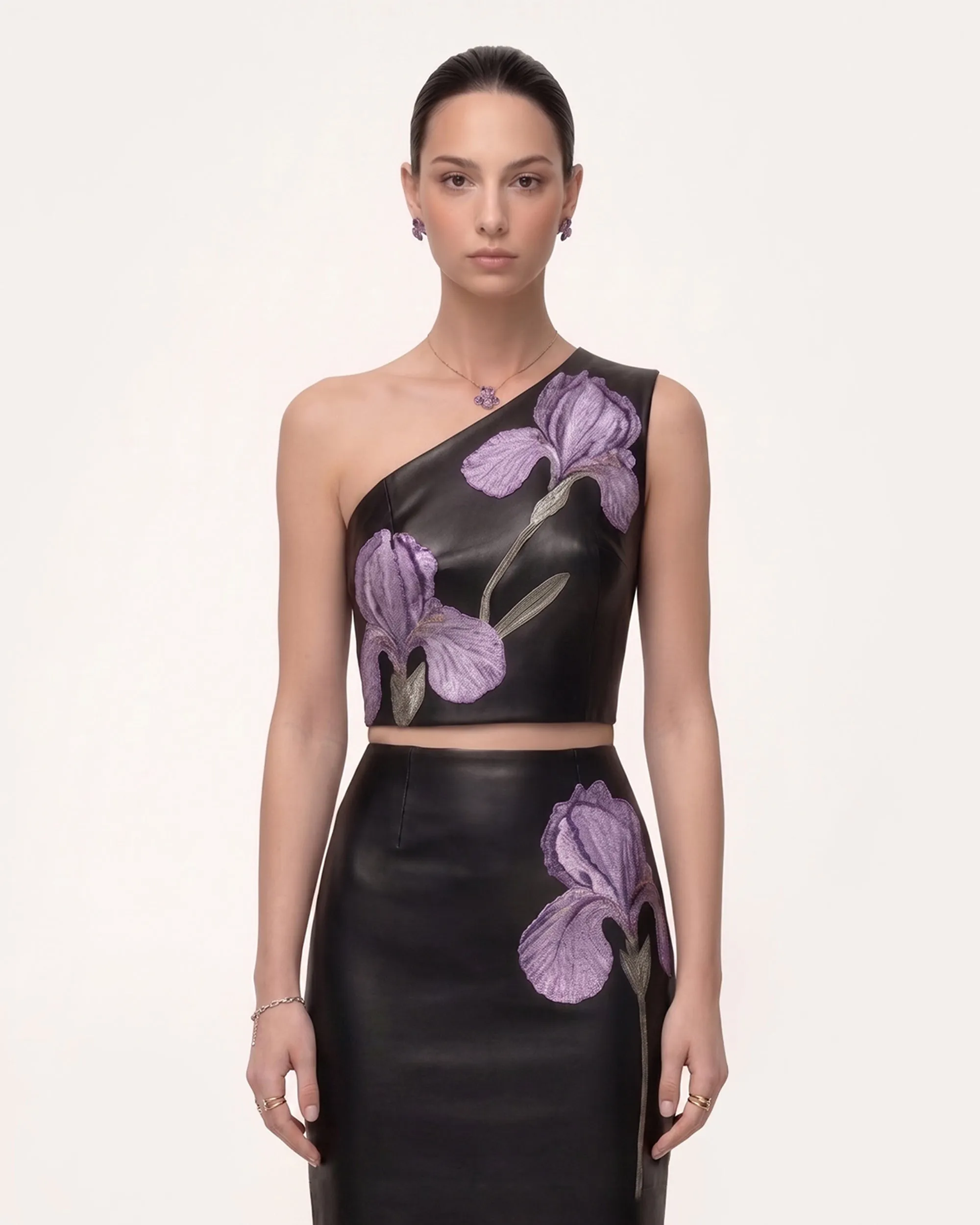 Iris Floral-Print One-Shoulder Leather Crop Top - Black sold by JW PEI product image thumbnail 3