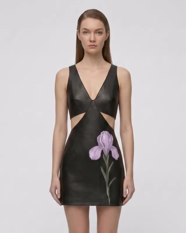 Iris Floral Cutout Bodycon Leather Mini Dress - Black made by JW PEI