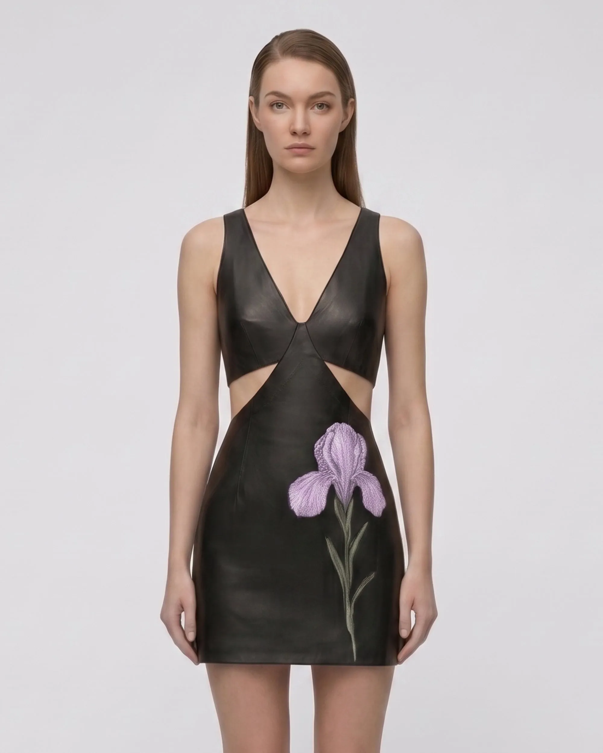 Iris Floral Cutout Bodycon Leather Mini Dress - Black sold by JW PEI