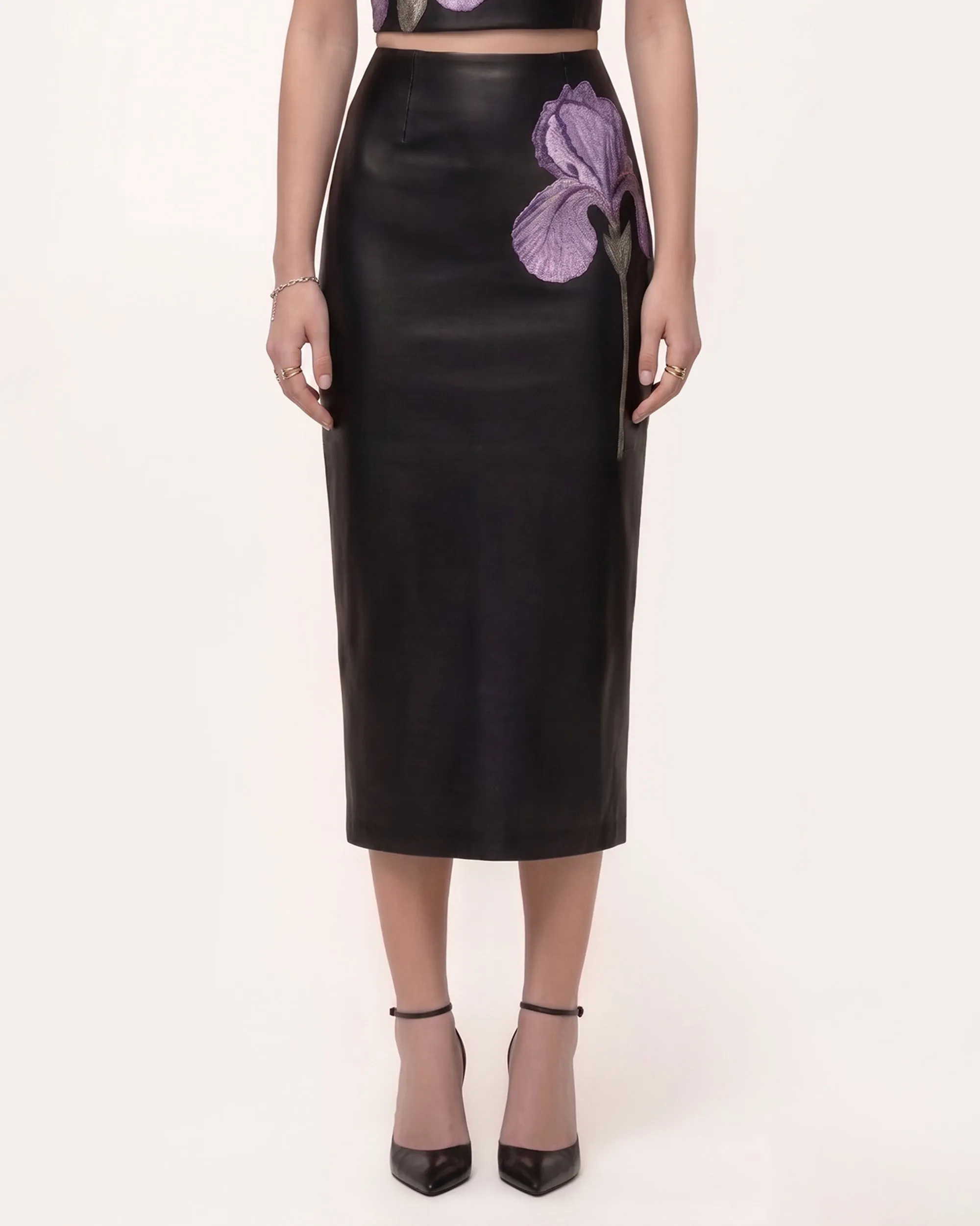 Iris Floral-Print High Waist Pencil Leather Midi Skirt - Black sold by JW PEI product image thumbnail 3