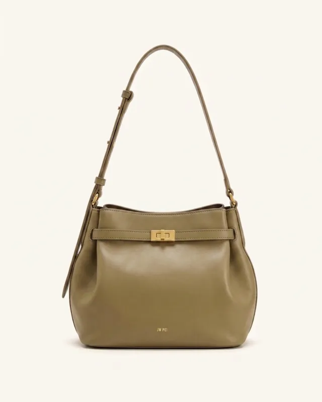 Keyla Turnlock Shoulder Bucket Bag - Olive Taupe made by JW PEI