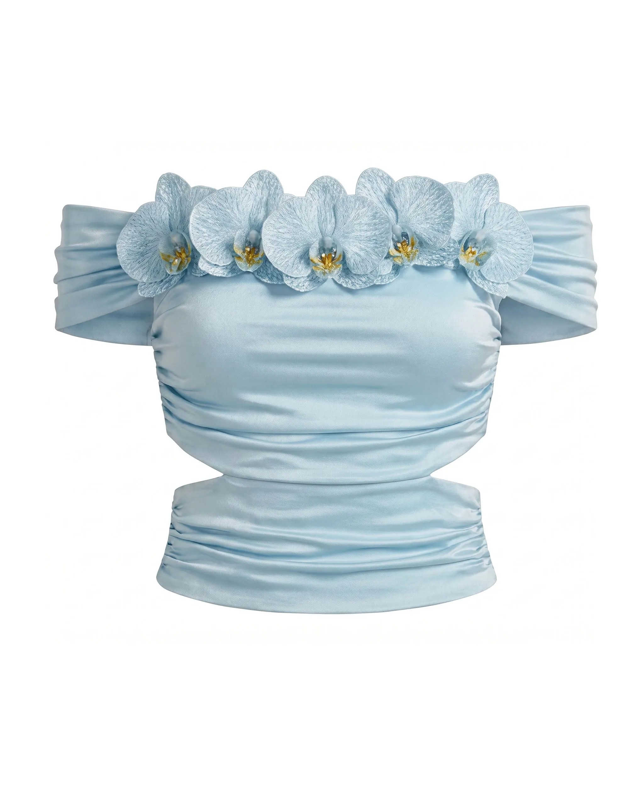 Orchid Embroidered Appliqué Off-Shoulder Ruched Top - Powder Blue sold by JW PEI product image thumbnail 3