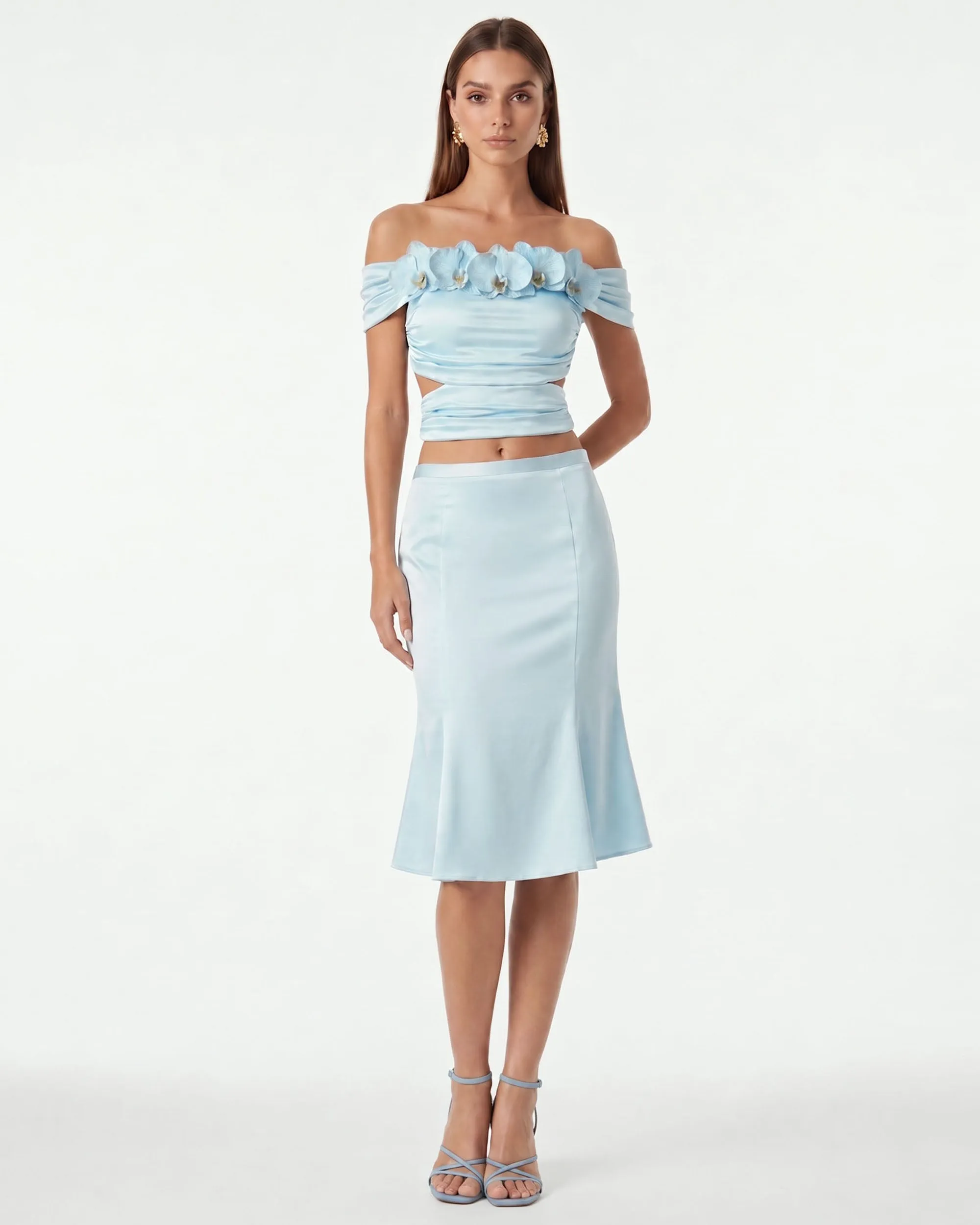 Orchid Embroidered Appliqué Off-Shoulder Ruched Top - Powder Blue sold by JW PEI