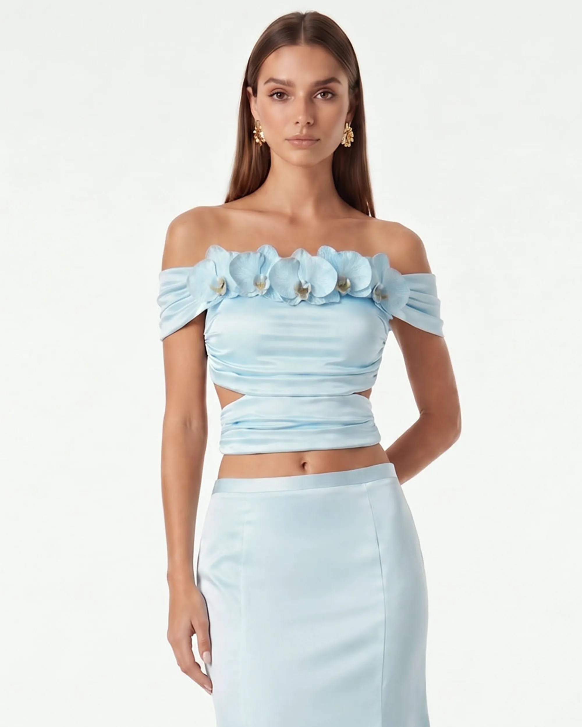 Orchid Embroidered Appliqué Off-Shoulder Ruched Top - Powder Blue sold by JW PEI product image thumbnail 2