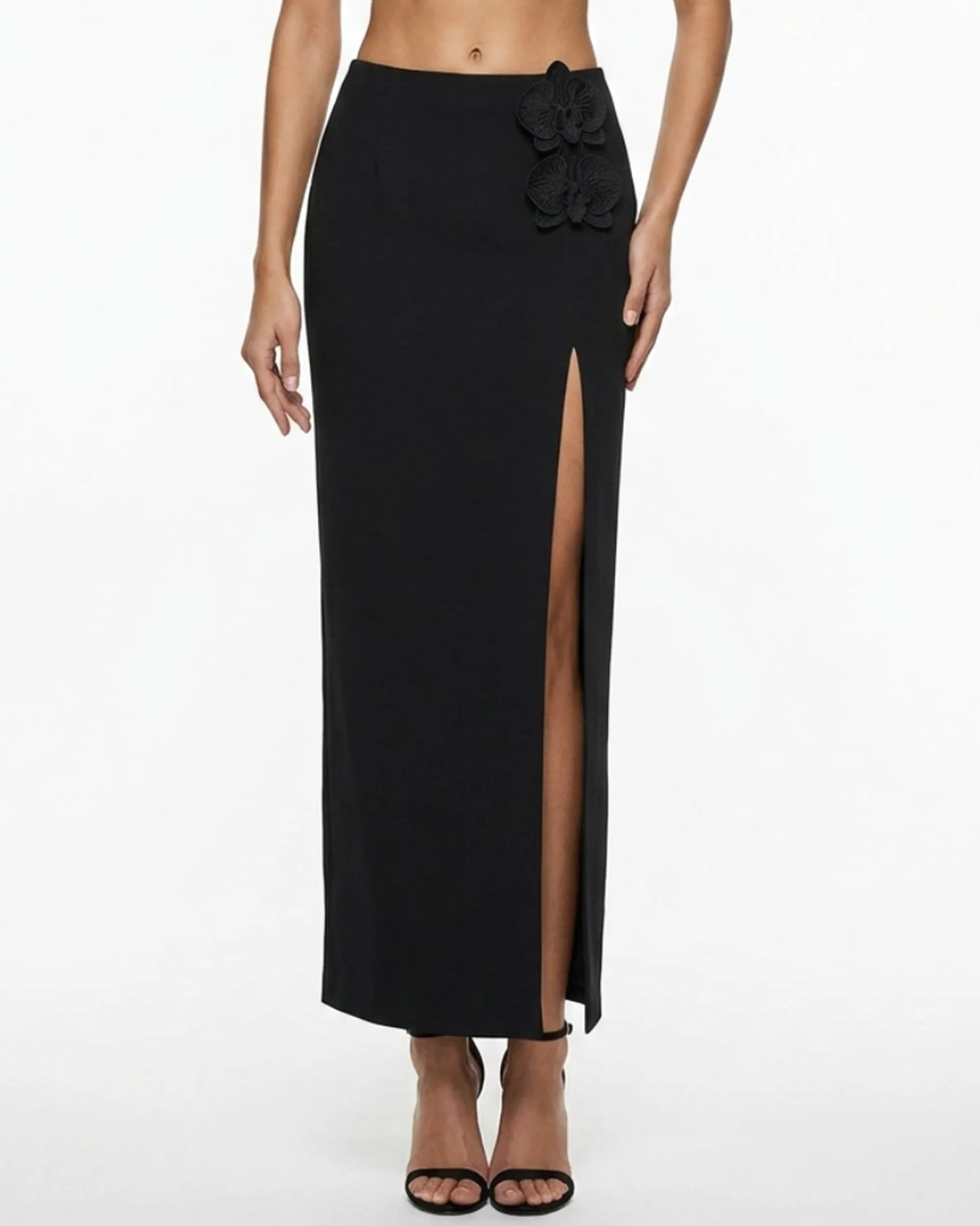 Orchid Embroidered Appliqué High-Slit Maxi Skirt - Black sold by JW PEI product image thumbnail 2