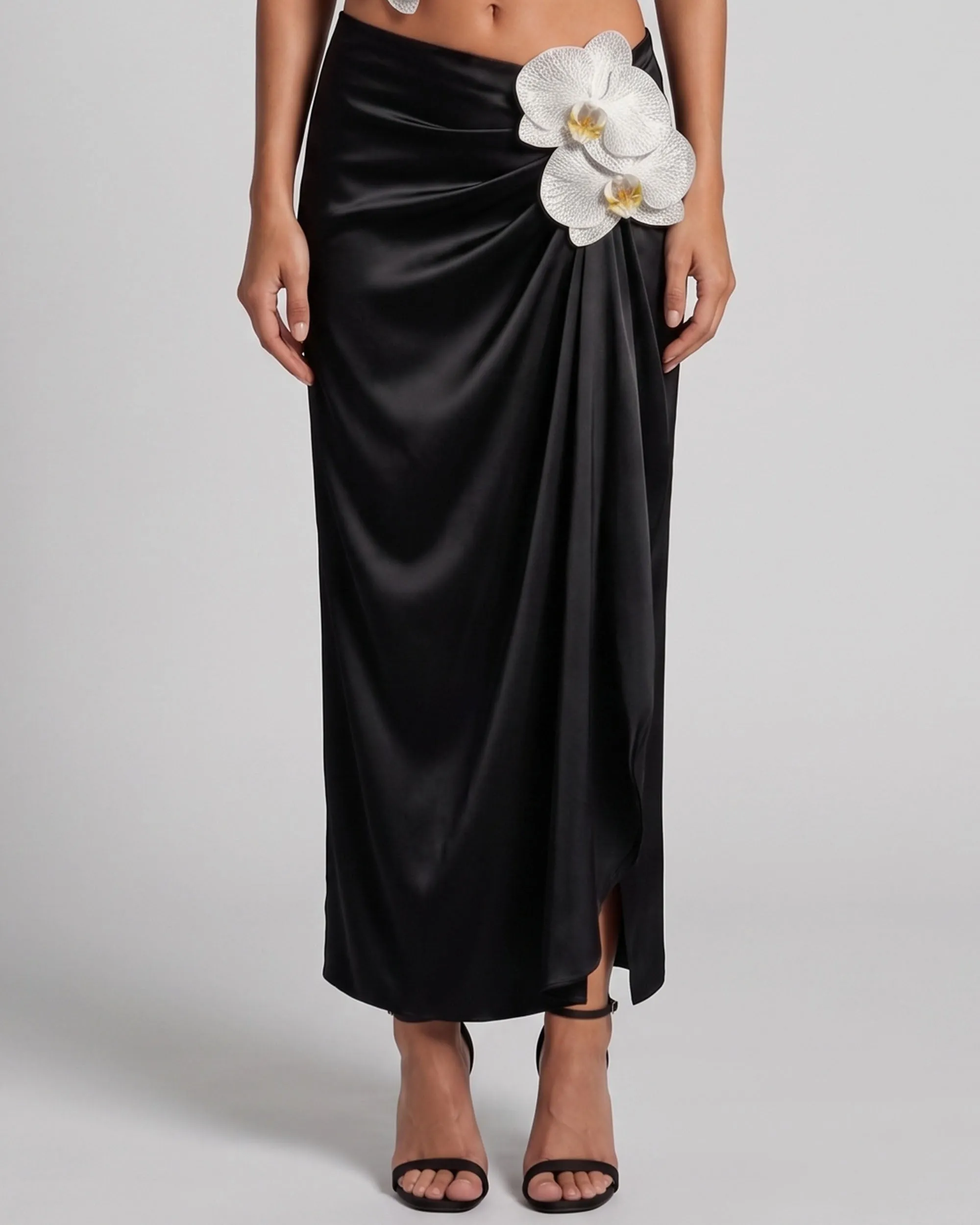 Orchid Embroidered Appliqué Draped Maxi Skirt - Black sold by JW PEI product image thumbnail 2