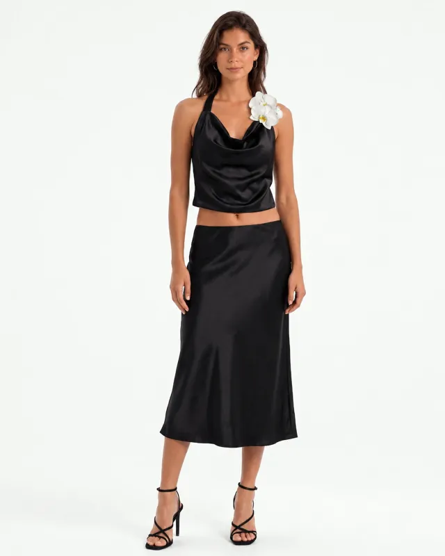 Orchid Embroidered Appliqué Cowl Halter Top - Black made by JW PEI