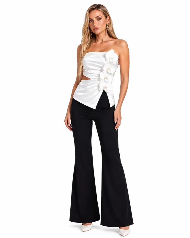 Orchid Embroidered Appliqué Asymmetric Cut-Out Strapless Top - White made by JW PEI