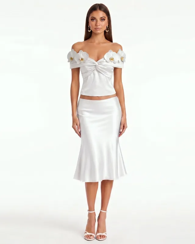 Orchid Embroidered Appliqué Off-Shoulder Twist Top - White made by JW PEI