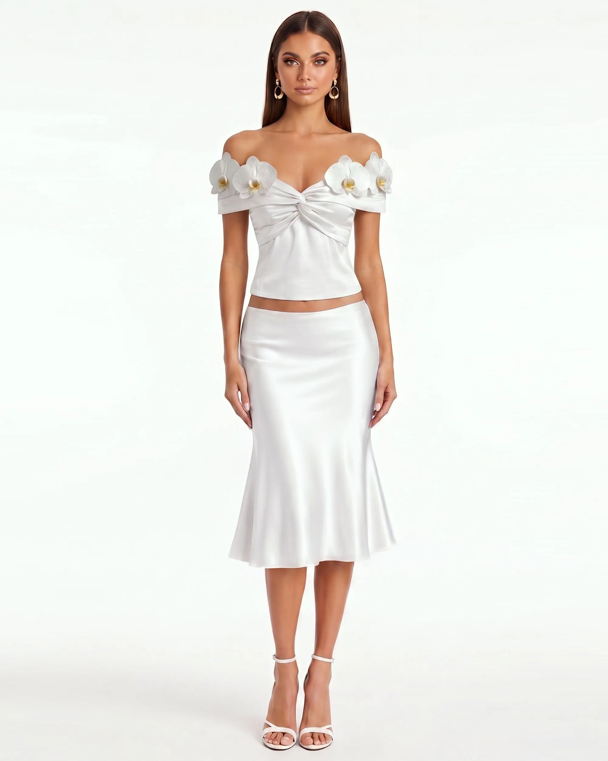 Orchid Embroidered Appliqué Off-Shoulder Twist Top - White sold by JW PEI