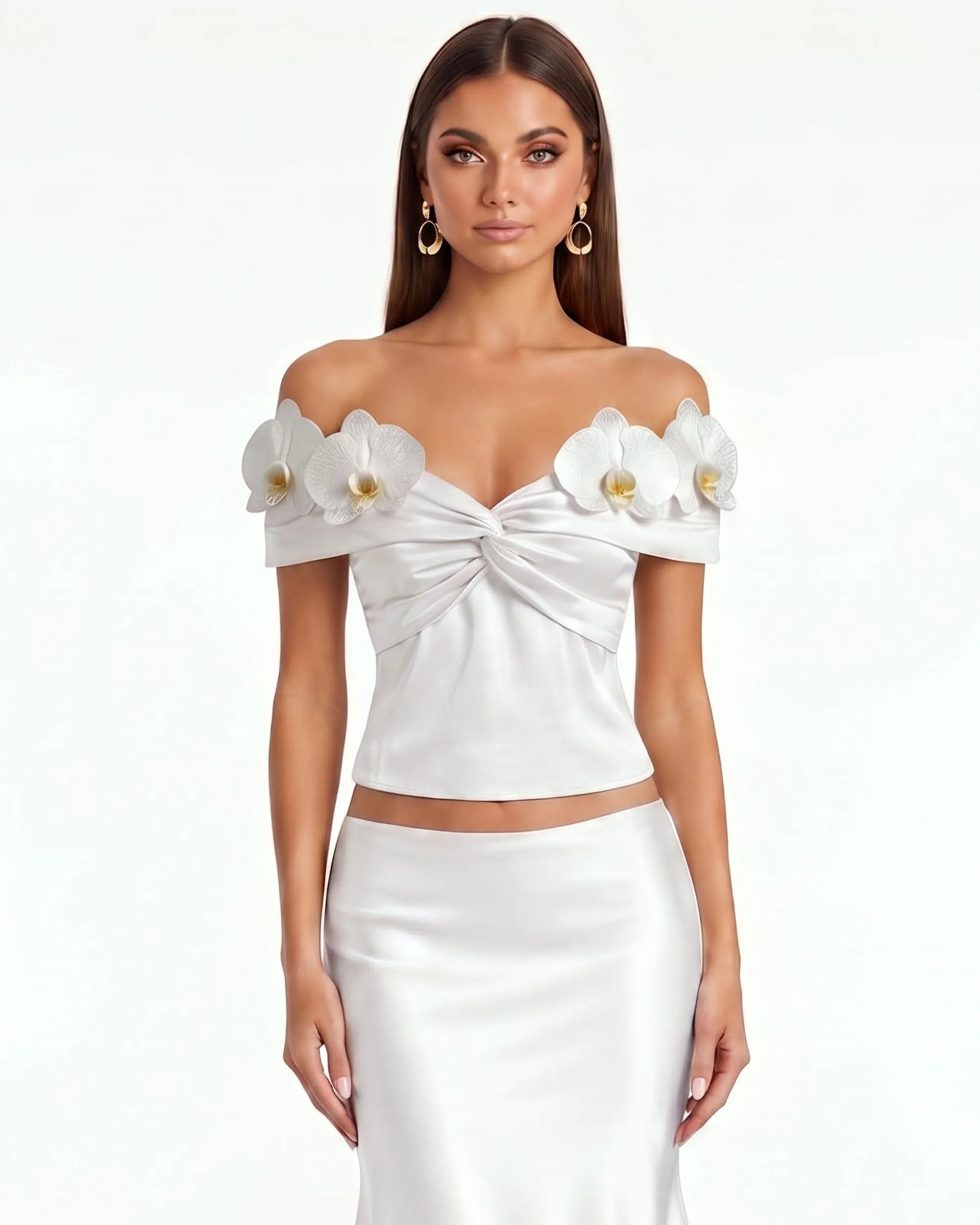 Orchid Embroidered Appliqué Off-Shoulder Twist Top - White sold by JW PEI product image thumbnail 2