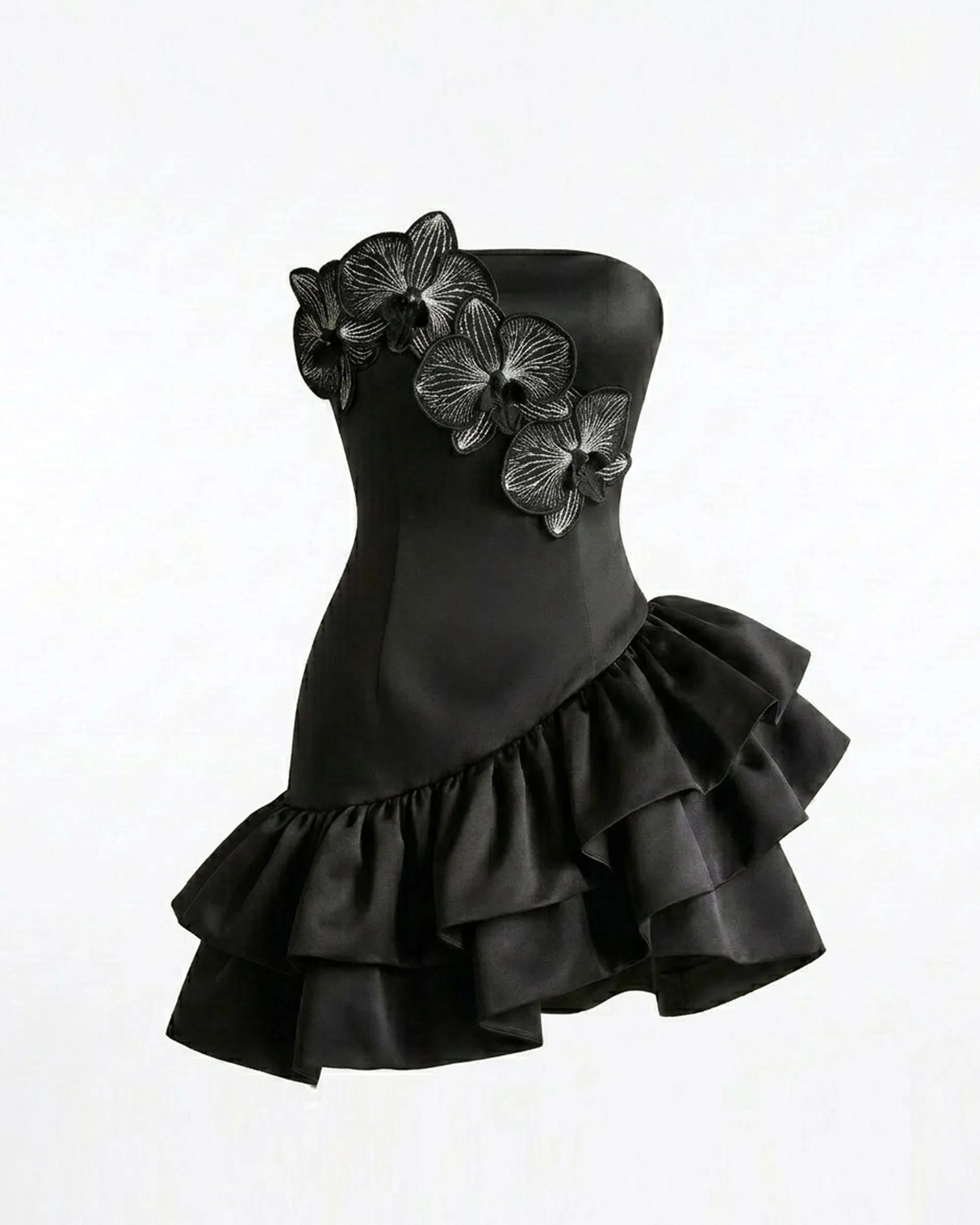 Orchid Embroidered Appliqué Strapless Ruffle Mini Dress - Black sold by JW PEI product image thumbnail 2