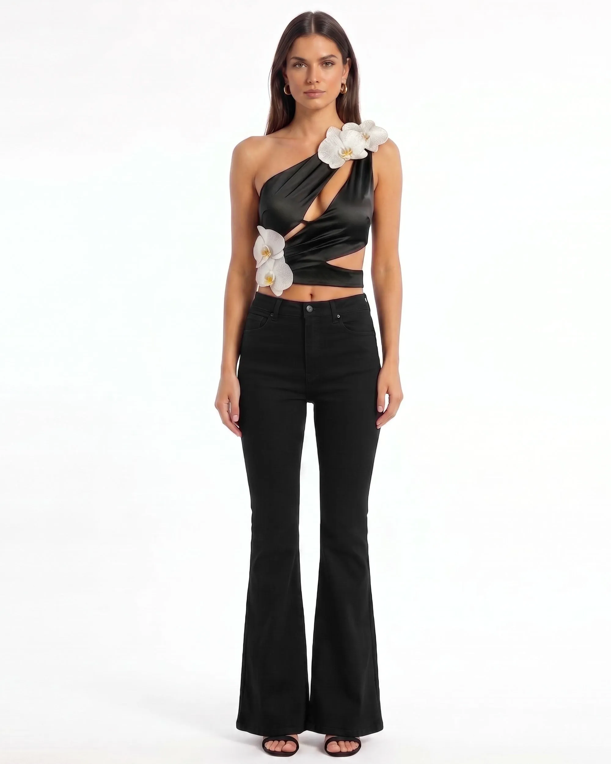 Orchid Embroidered Appliqué Cut-Out Asymmetric Halter Top - Black sold by JW PEI
