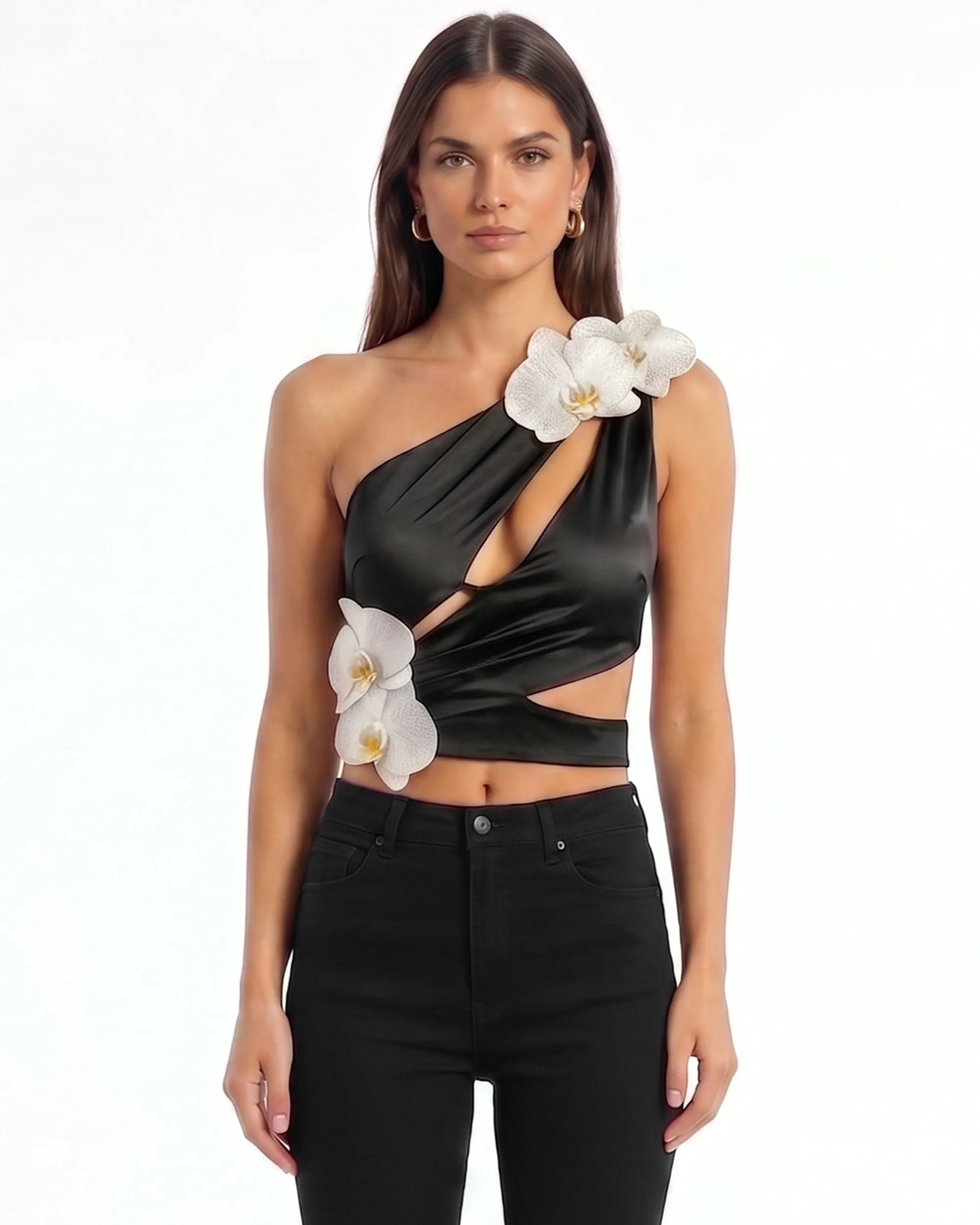 Orchid Embroidered Appliqué Cut-Out Asymmetric Halter Top - Black sold by JW PEI product image thumbnail 2