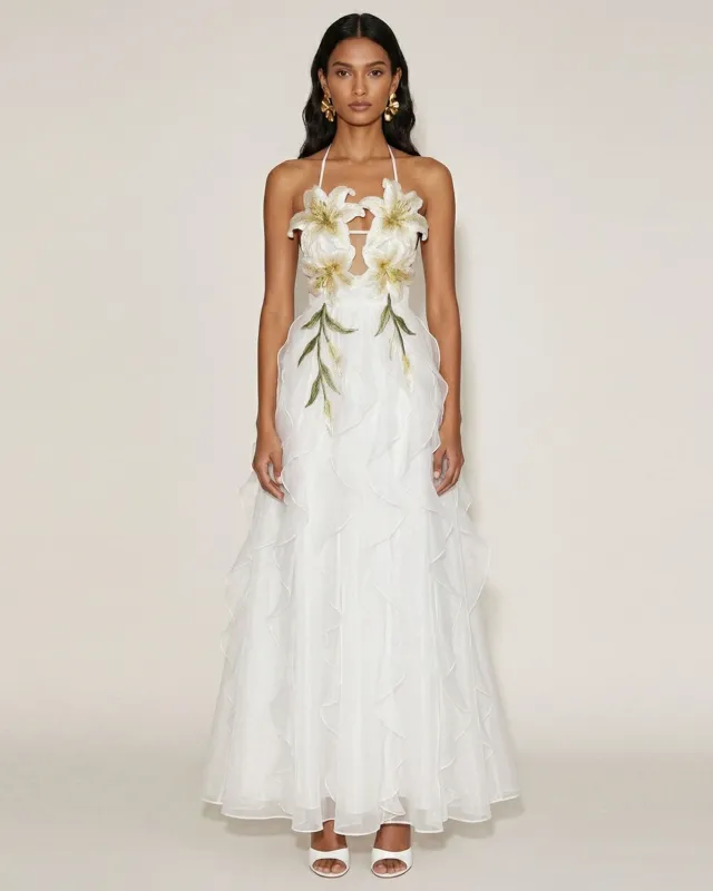 Lily-Embroidered Embroidered Halter Tiered Maxi Dress - White made by JW PEI