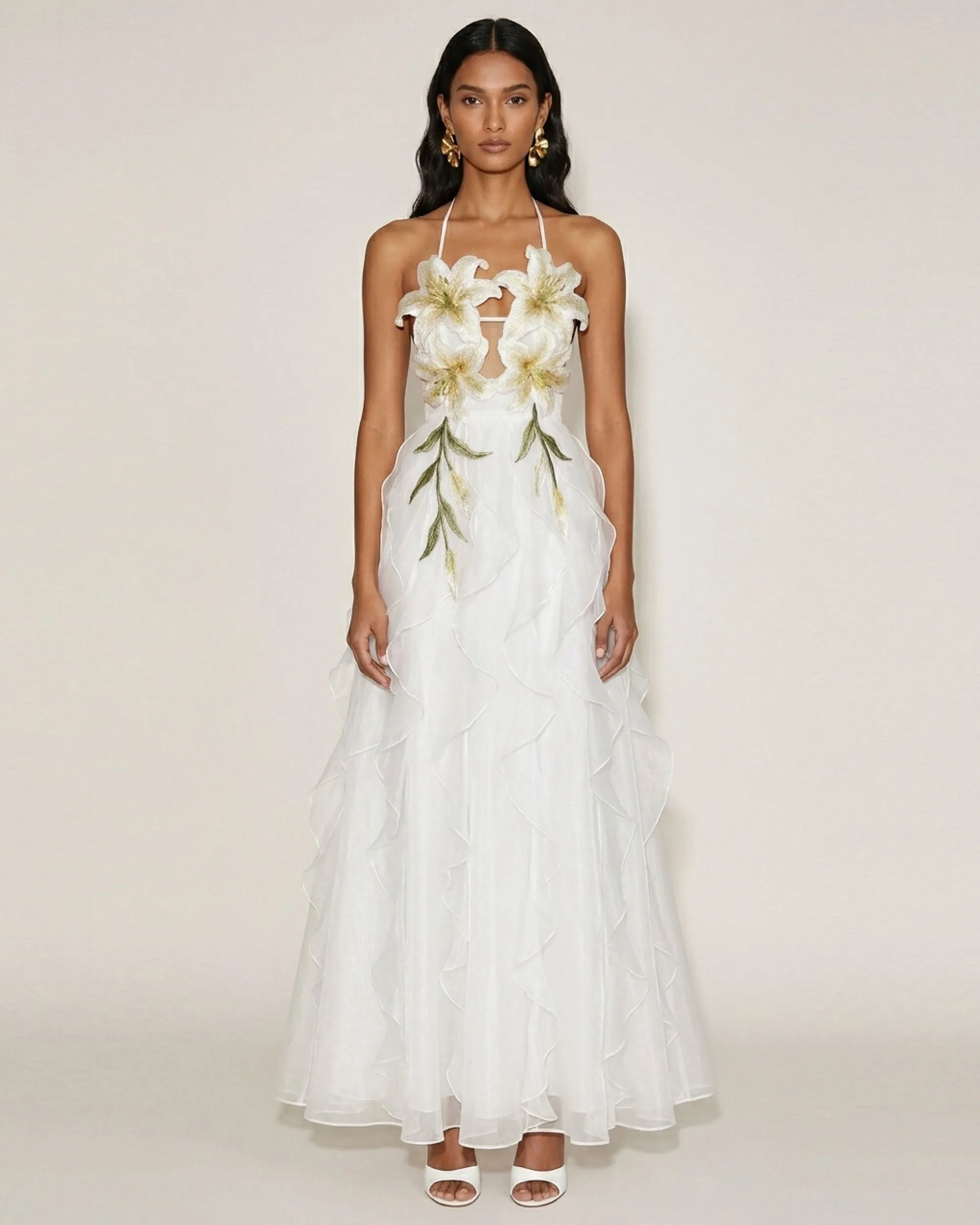 Lily-Embroidered Embroidered Halter Tiered Maxi Dress - White sold by JW PEI