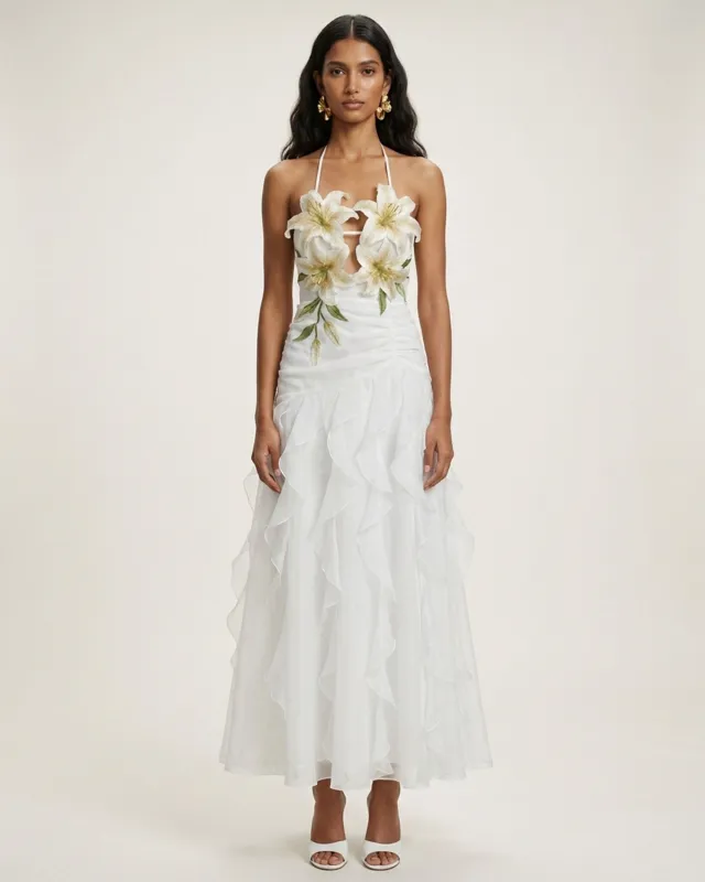 Lily-Embroidered Halter Ruffle Midi Dress - White made by JW PEI