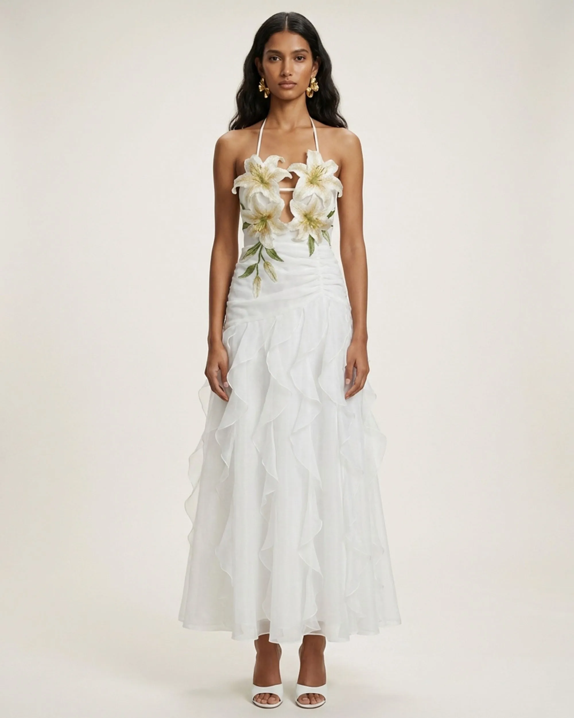 Lily-Embroidered Halter Ruffle Midi Dress - White sold by JW PEI
