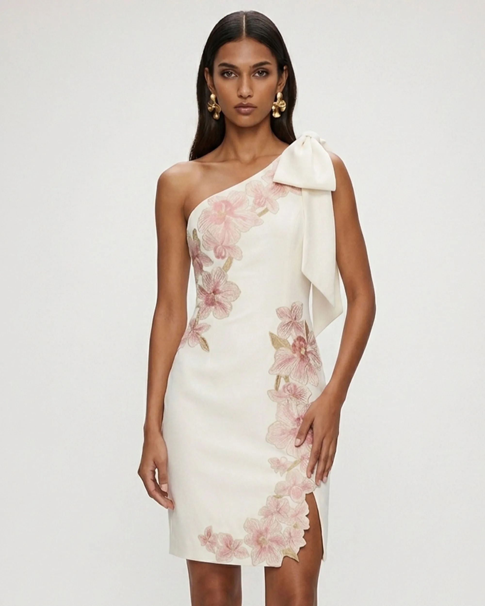 Flower Embroidered Bow Shoulder Mini Dress - Ivory sold by JW PEI