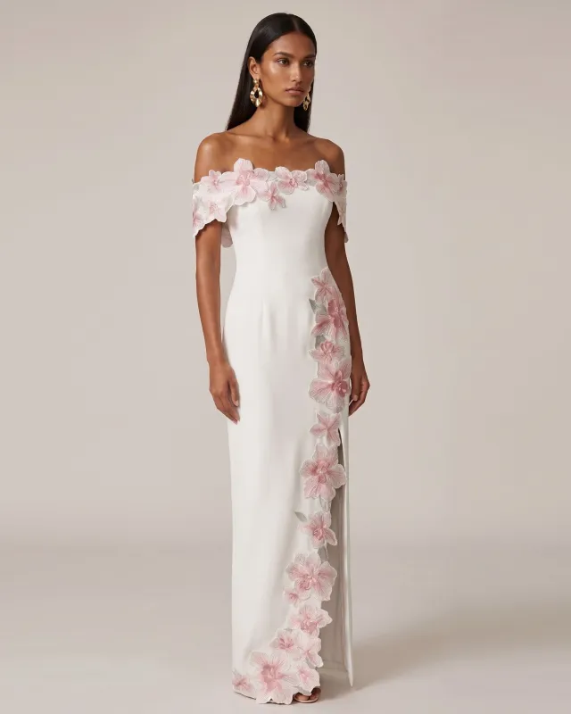 Flower Embroidered Off-Shoulder Maxi Dress - Ivory made by JW PEI