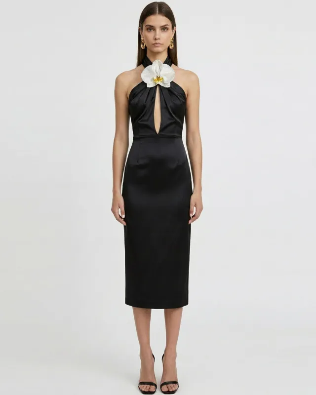 Orchid Embroidered Halter Midi Dress - Black made by JW PEI