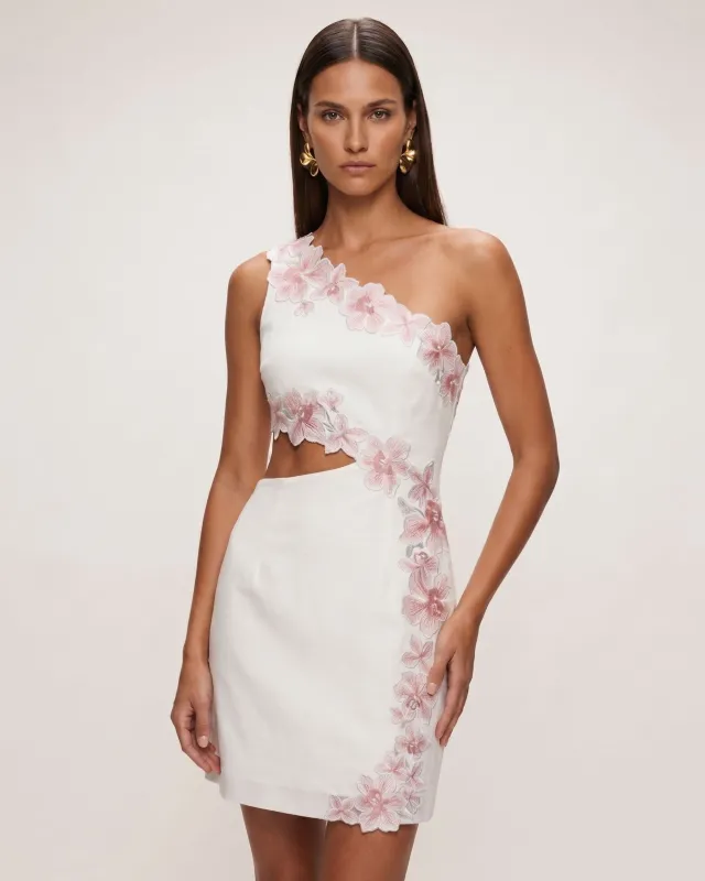 Flower Embroidered One-Shoulder Cutout Mini Dress - White made by JW PEI