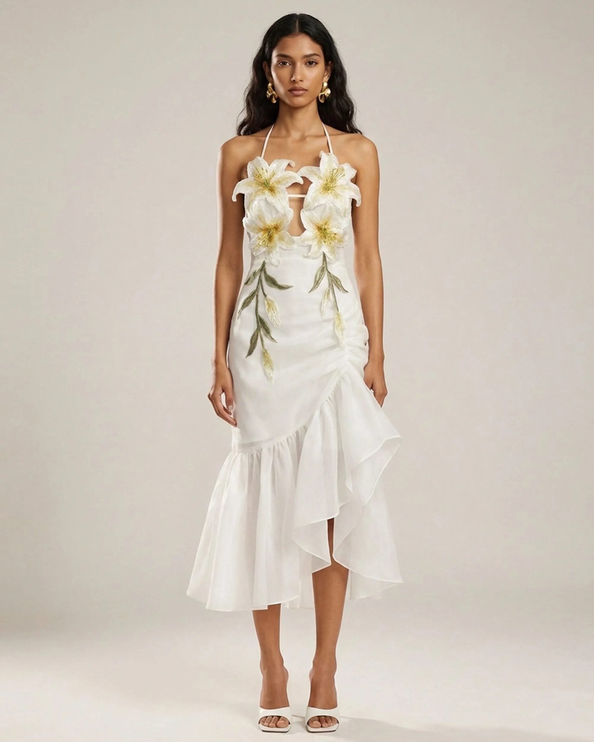 Lily-Embroidered Halter Ruffle Maxi Dress - White sold by JW PEI