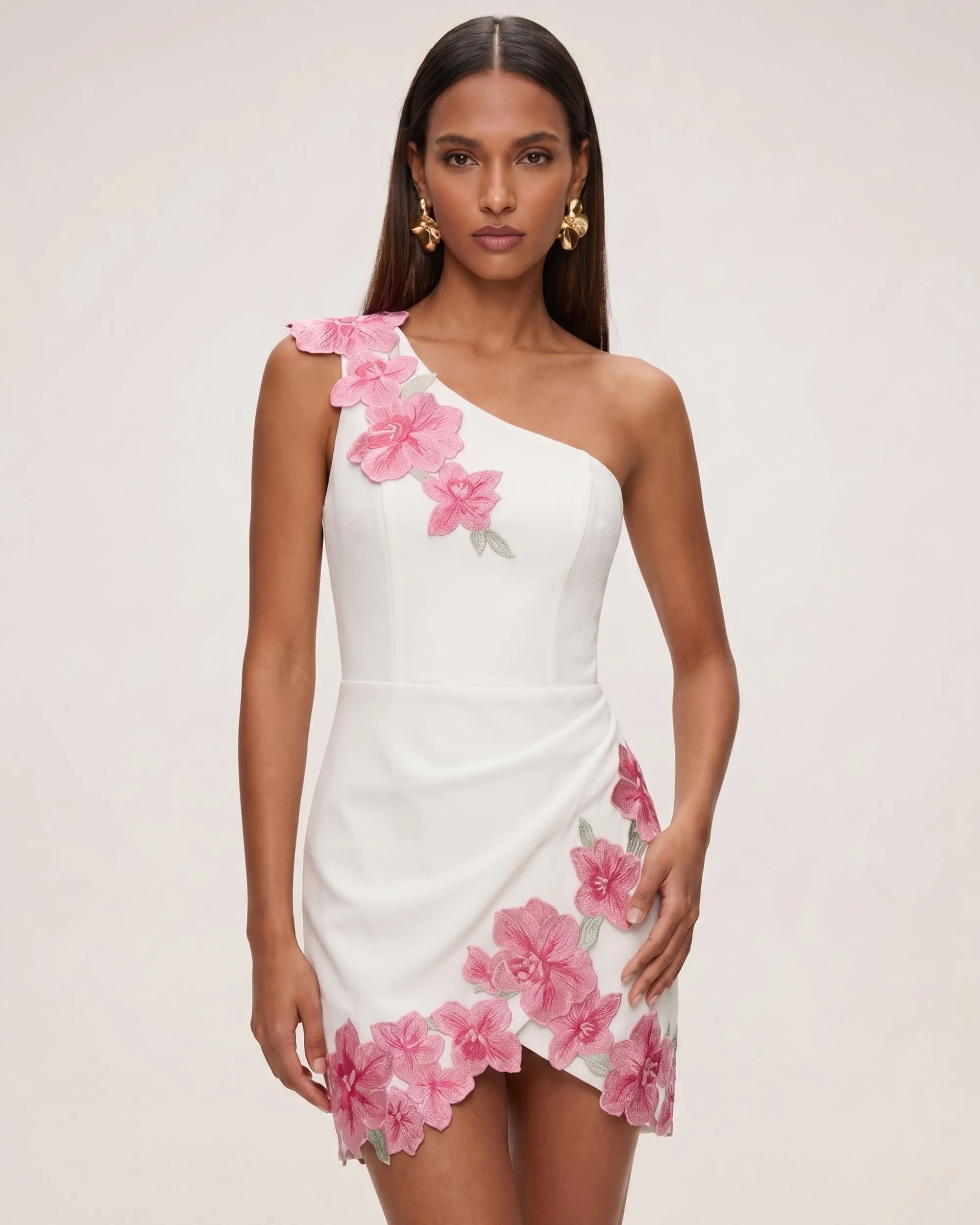 Flower Embroidered One-Shoulder Mini Dress - White sold by JW PEI