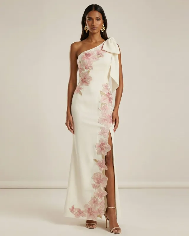 Flower Embroidered One-Shoulder Maxi Dress - Ivory made by JW PEI