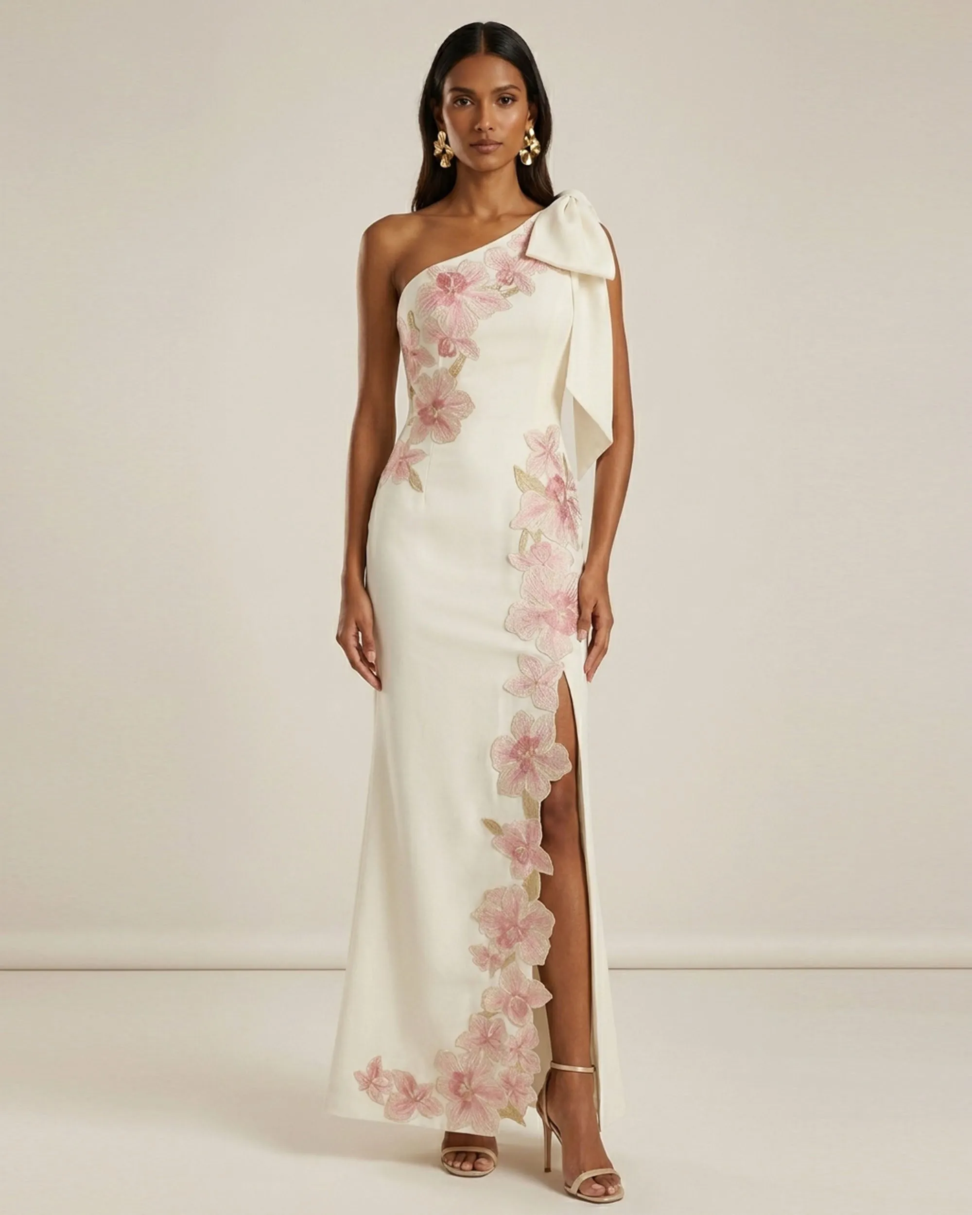 Flower Embroidered One-Shoulder Maxi Dress - Ivory sold by JW PEI