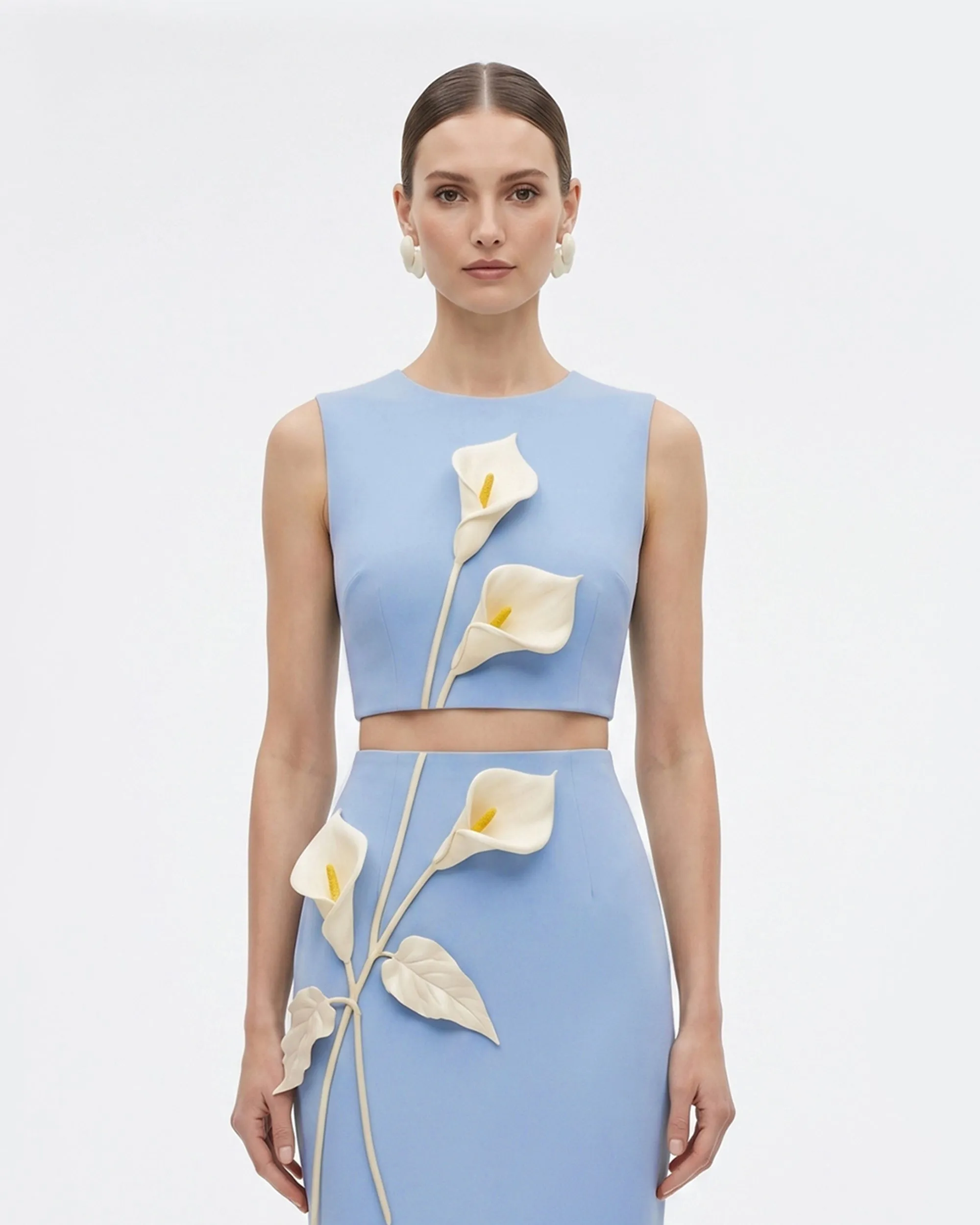 Floral Appliqué Crew Neck Crop Top - Light Blue sold by JW PEI product image thumbnail 2
