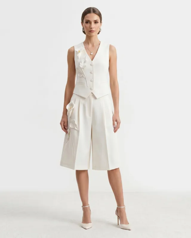 Floral Appliqué V-Neck Button Vest - White made by JW PEI