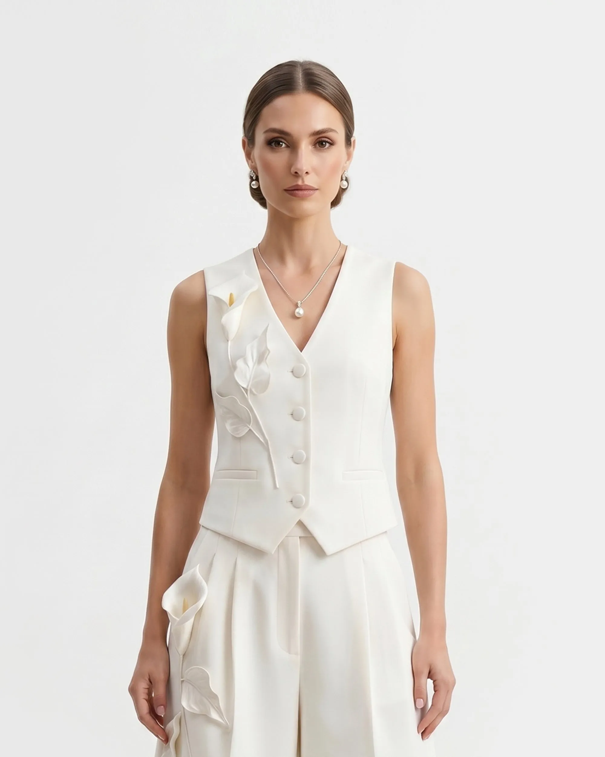 Floral Appliqué V-Neck Button Vest - White sold by JW PEI product image thumbnail 2