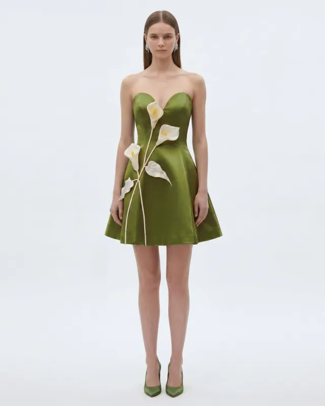 Floral Appliqué Strapless Flared Mini Dress - Olive made by JW PEI