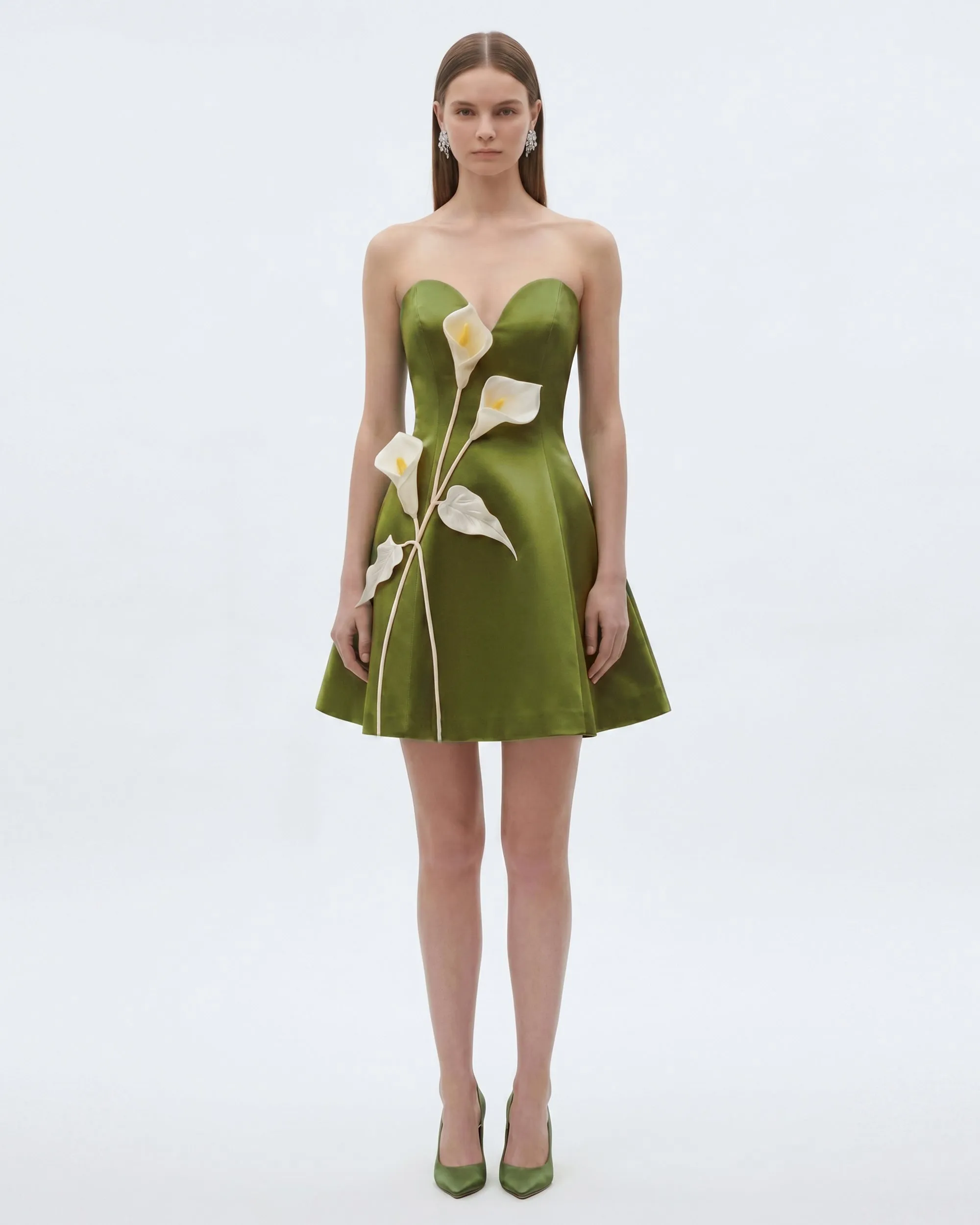 Floral Appliqué Strapless Flared Mini Dress - Olive sold by JW PEI