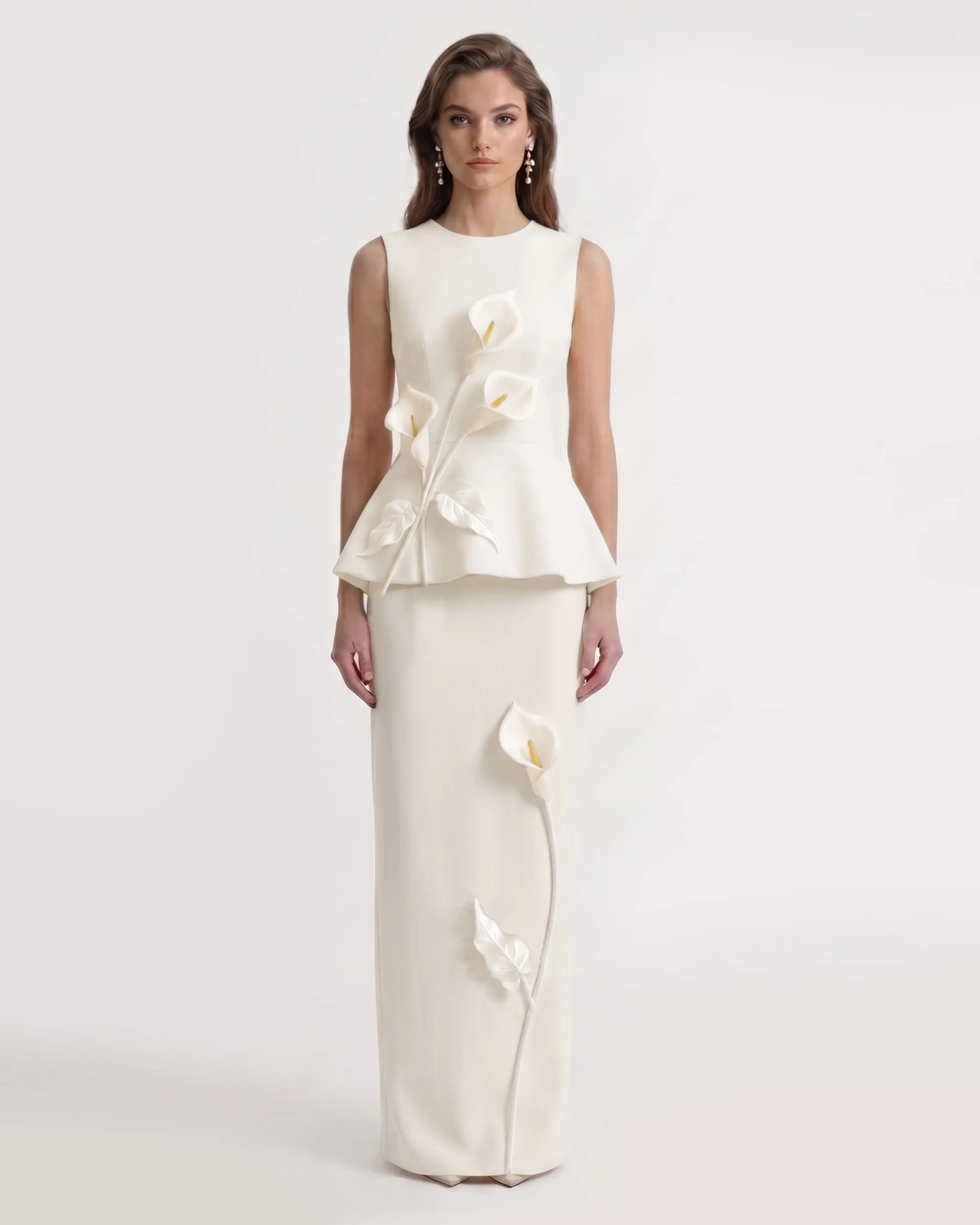 Floral Appliqué Column Maxi Skirt - Ivory sold by JW PEI