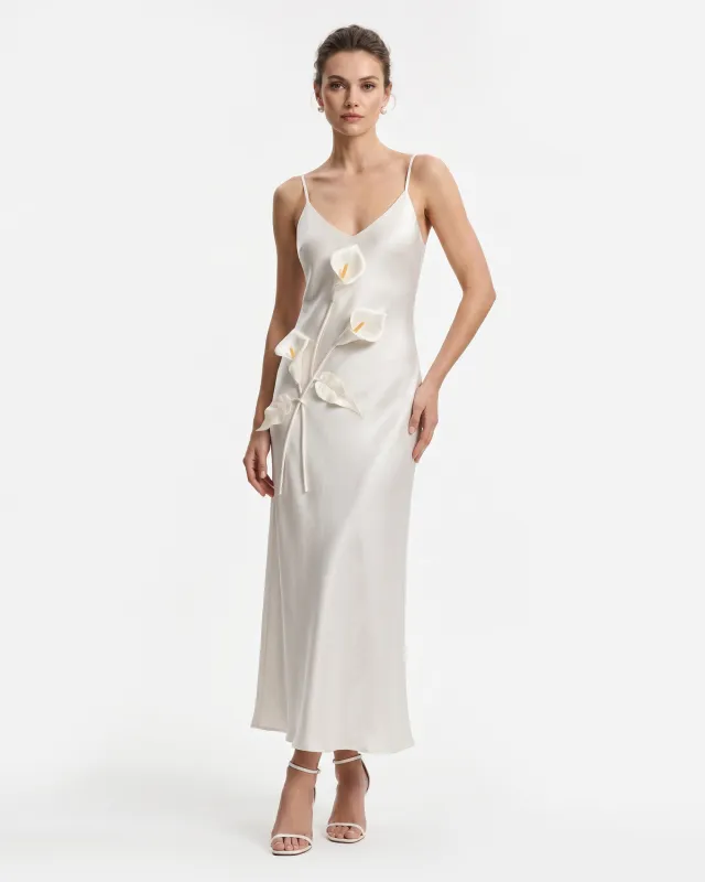 Floral Appliqué Spaghetti Strap Slip Maxi Dress - Ivory made by JW PEI