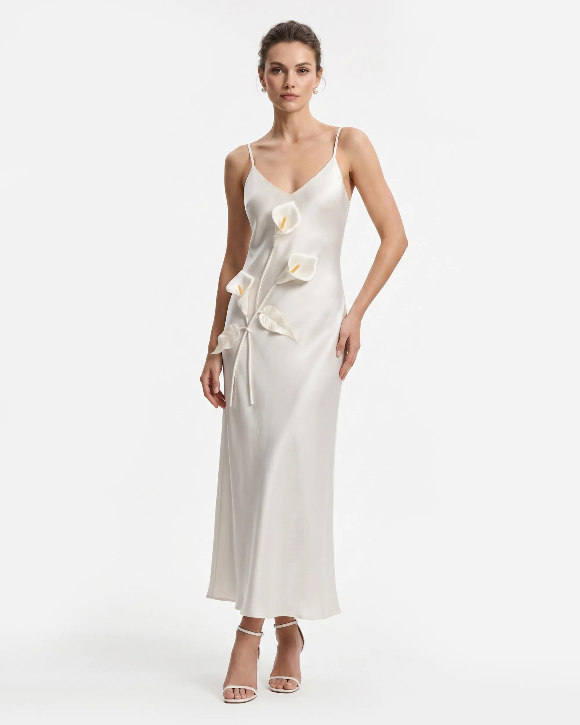 Floral Appliqué Spaghetti Strap Slip Maxi Dress - Ivory sold by JW PEI