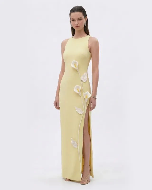 Floral Appliqué Sleeveless Slit Maxi Dress - Butter Yellow made by JW PEI