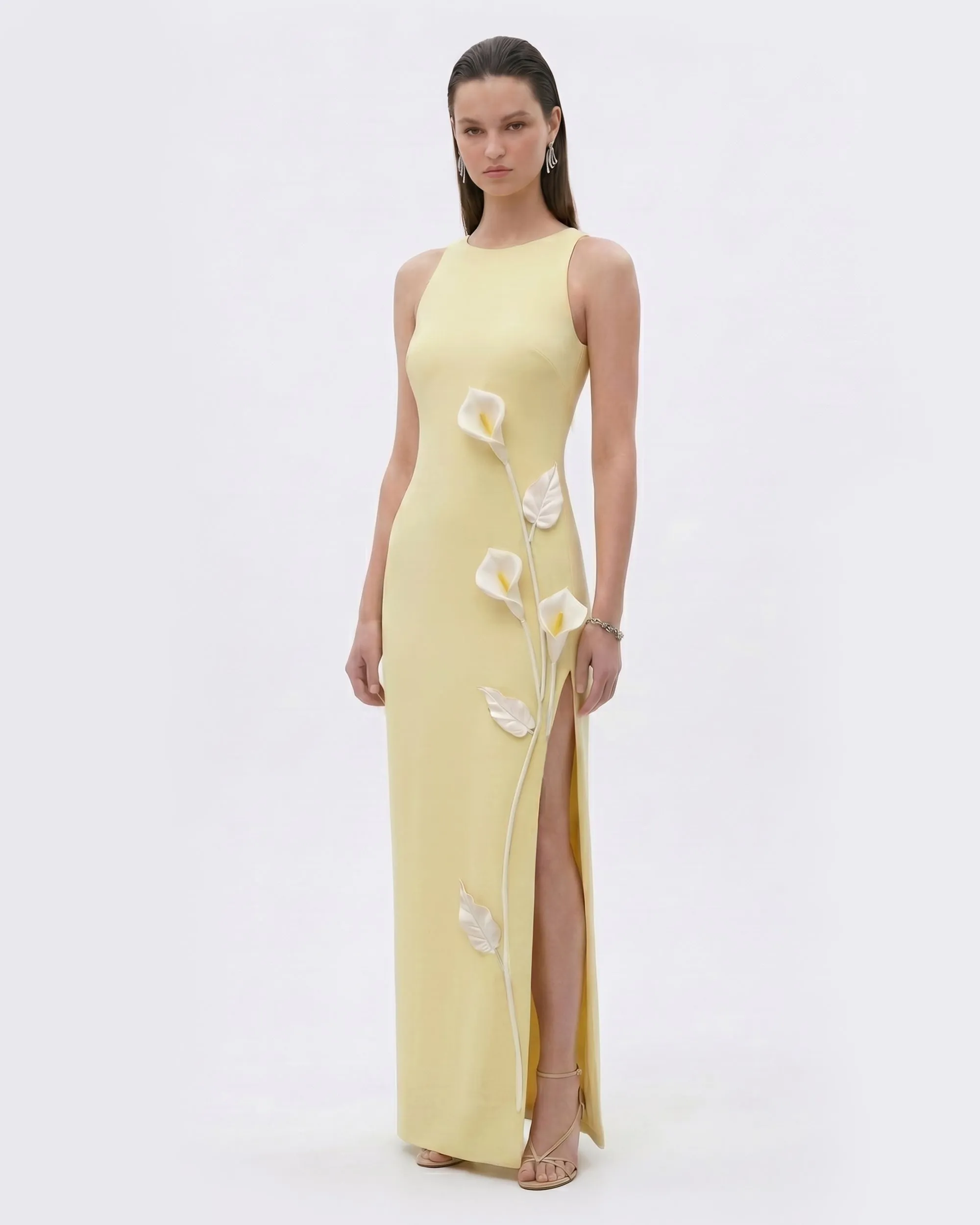 Floral Appliqué Sleeveless Slit Maxi Dress - Butter Yellow sold by JW PEI
